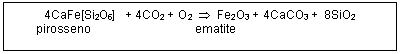 Text Box: 4CaFe[Si2O6] + 4CO2 + O2  Fe2O3 + 4CaCO3 + 8SiO2
 pirosseno ematite 

